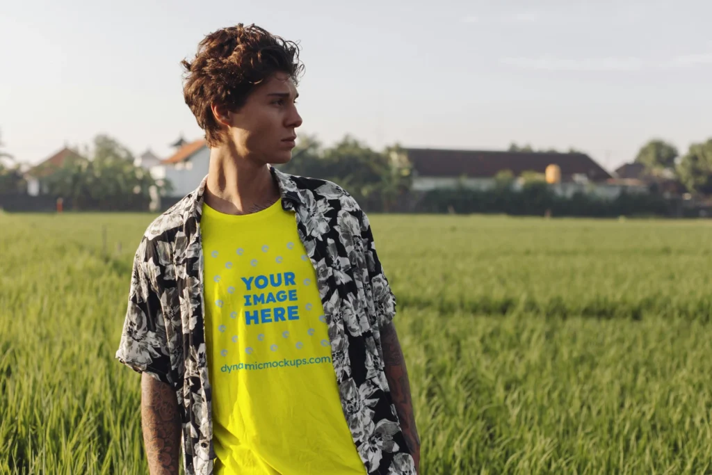 Man Wearing Yellow T-shirt Mockup Front View Template