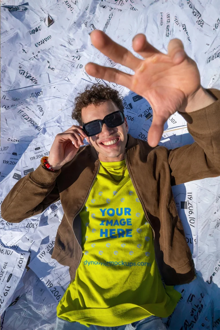 Man Wearing Yellow T-shirt Mockup Front View Template