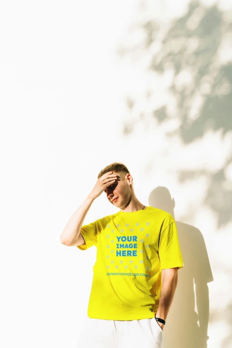 Man Wearing Yellow T-shirt Mockup Front View Template