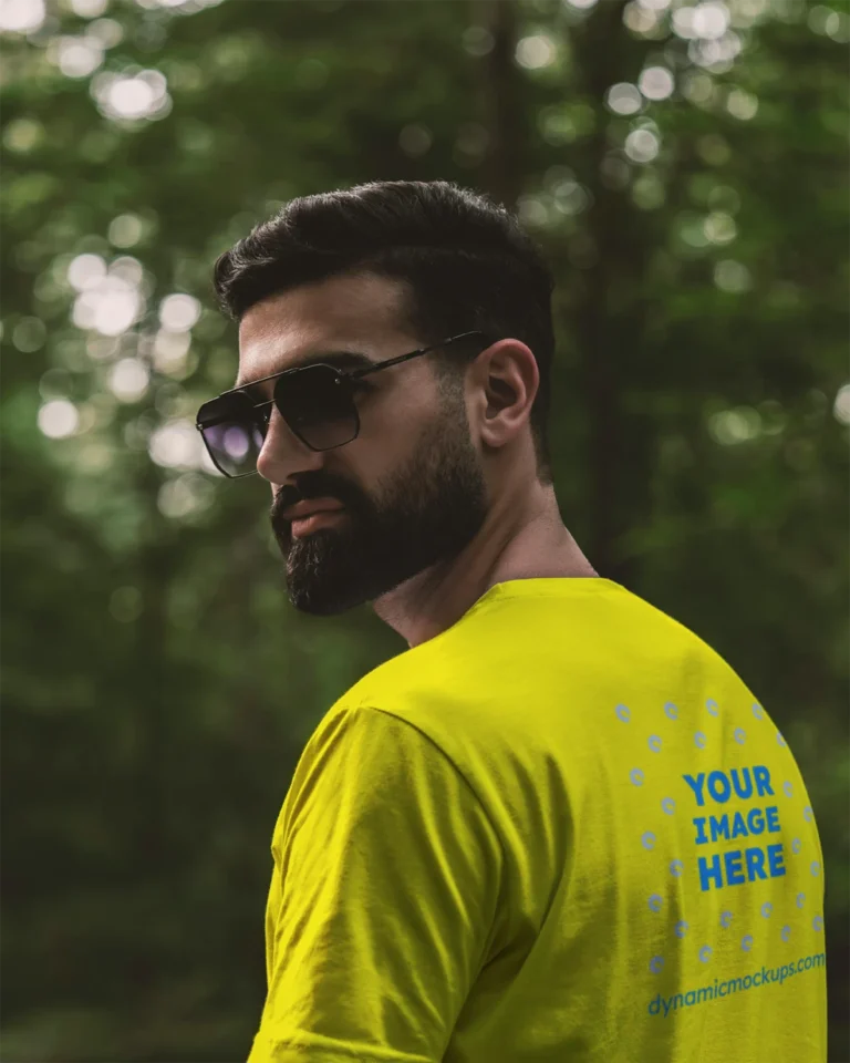 Man Wearing Yellow T-shirt Mockup Back View Template