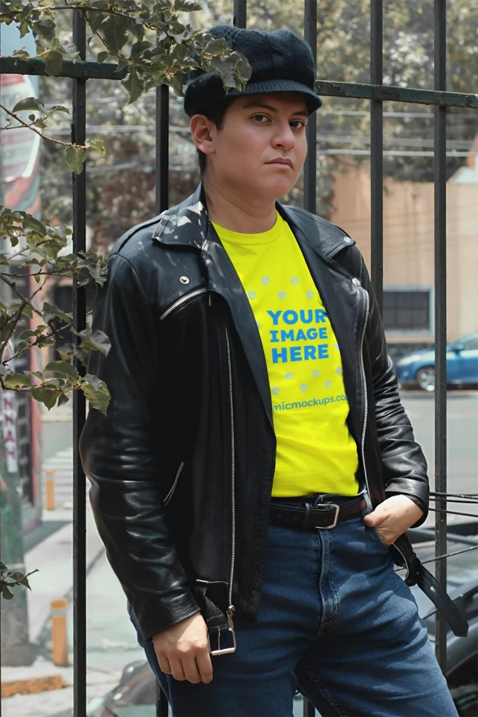 Man Wearing Yellow T-shirt Mockup Front View Template