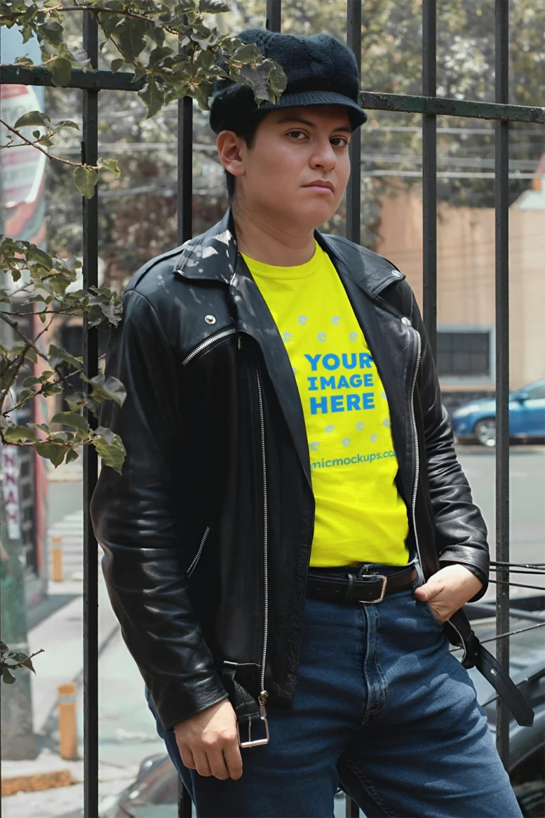 Man Wearing Yellow T-shirt Mockup Front View Template