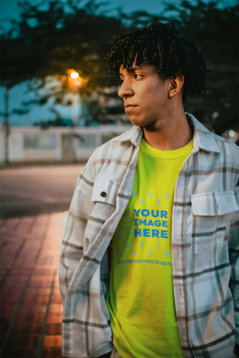 Man Wearing Yellow T-shirt Mockup Front View Template