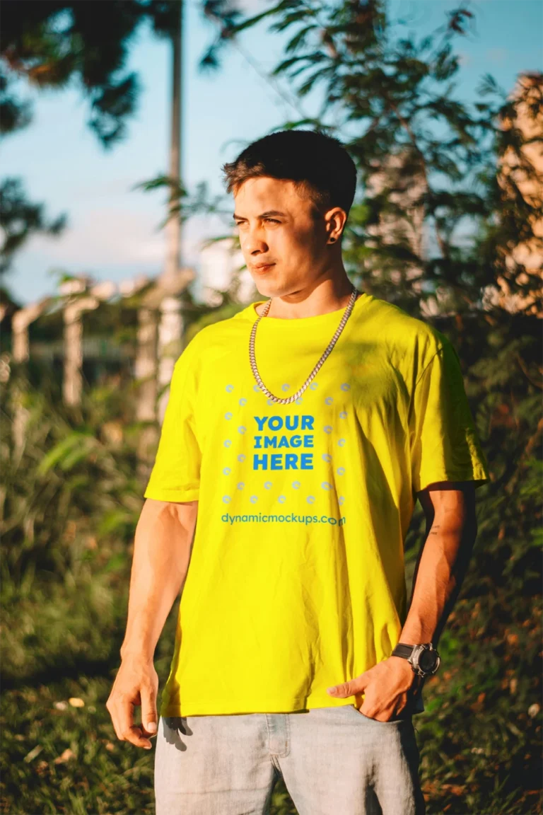 Man Wearing Yellow T-shirt Mockup Front View Template