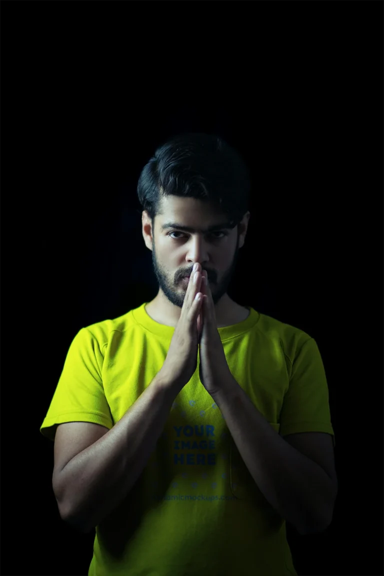 Man Wearing Yellow T-shirt Mockup Front View Template