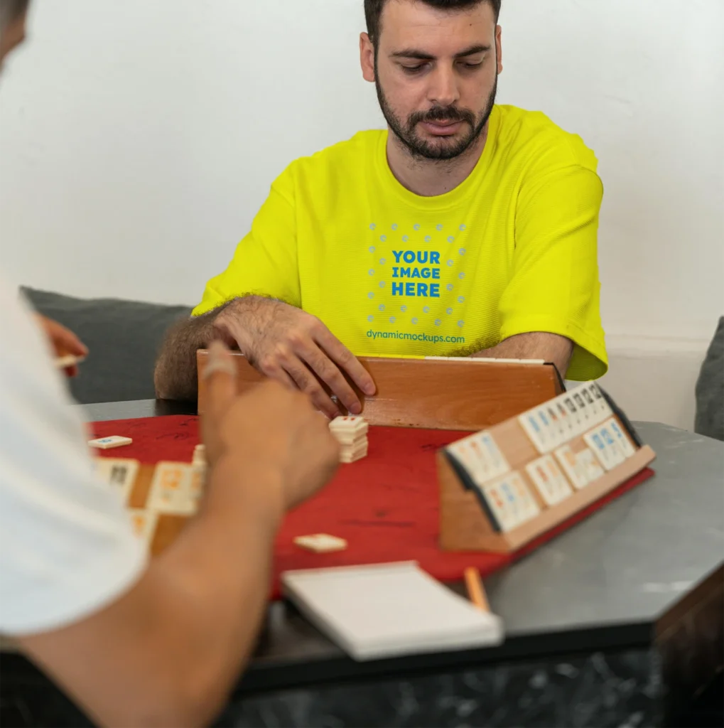 Man Wearing Yellow T-shirt Mockup Front View Template