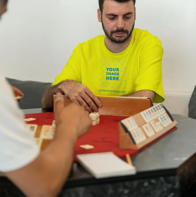 Man Wearing Yellow T-shirt Mockup Front View Template