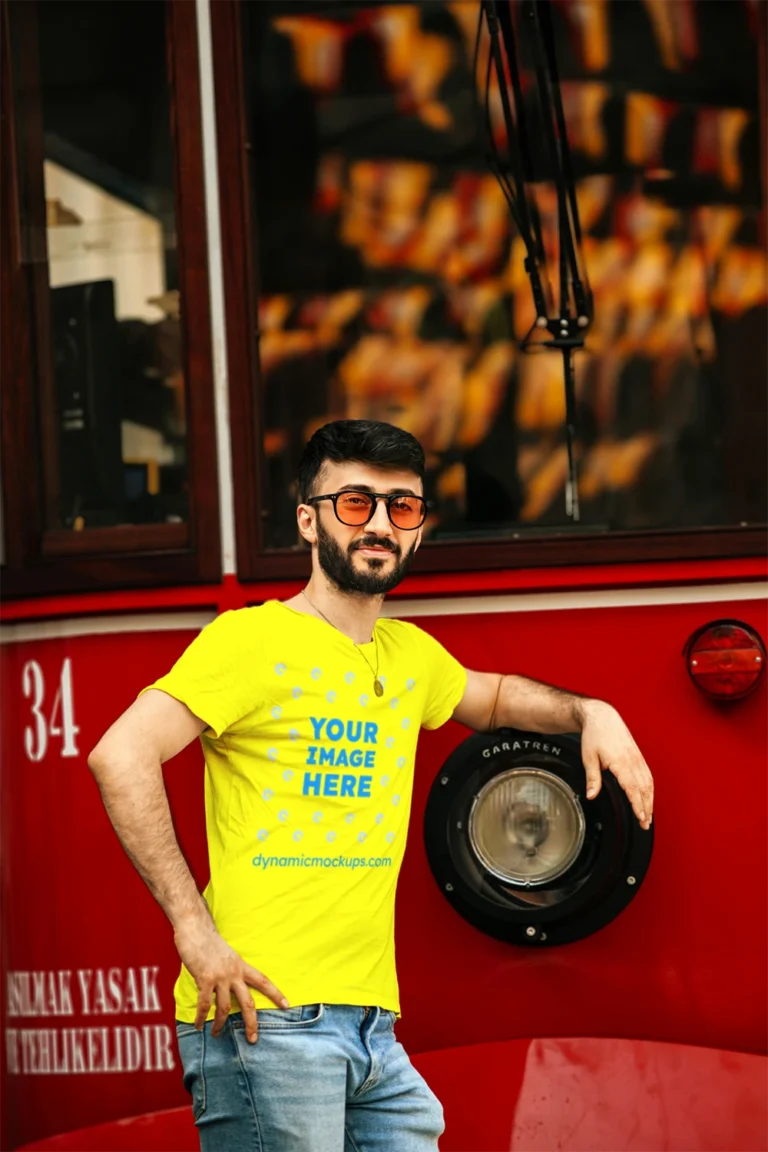 Man Wearing Yellow T-shirt Mockup Front View Template