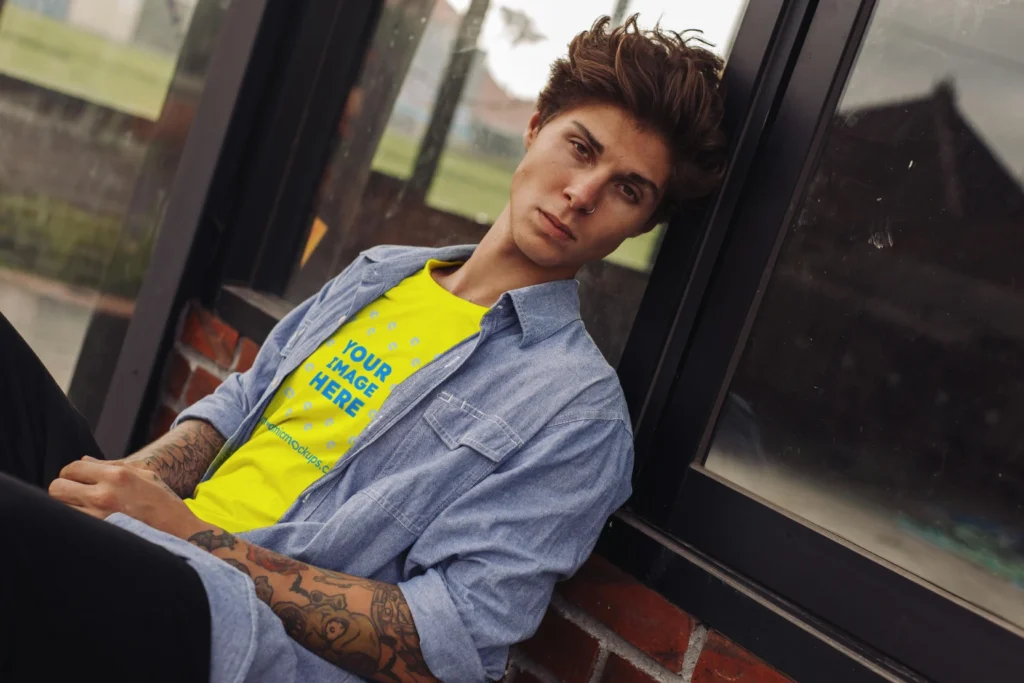 Man Wearing Yellow T-shirt Mockup Front View Template