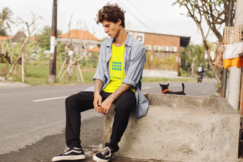 Man Wearing Yellow T-shirt Mockup Front View Template