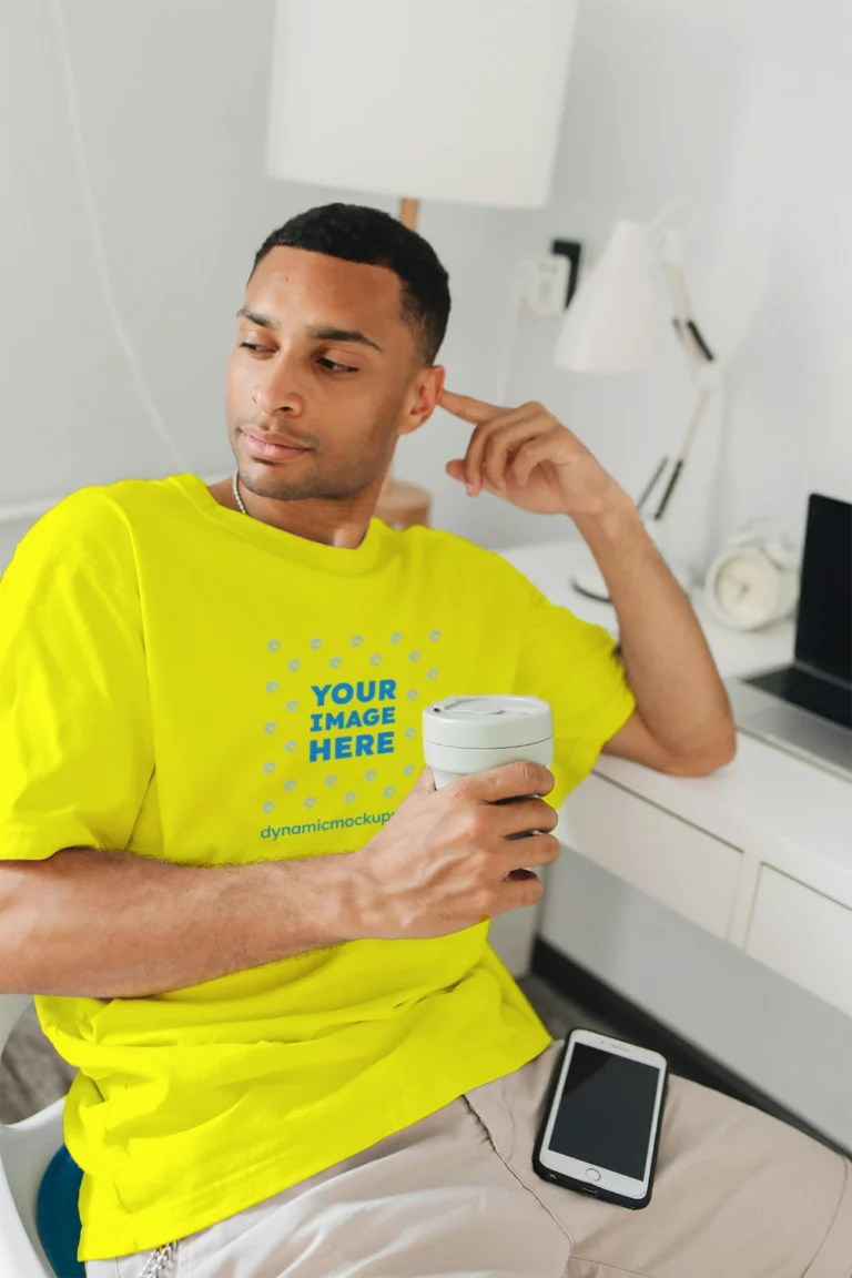 Man Wearing Yellow T-shirt Mockup Front View Template