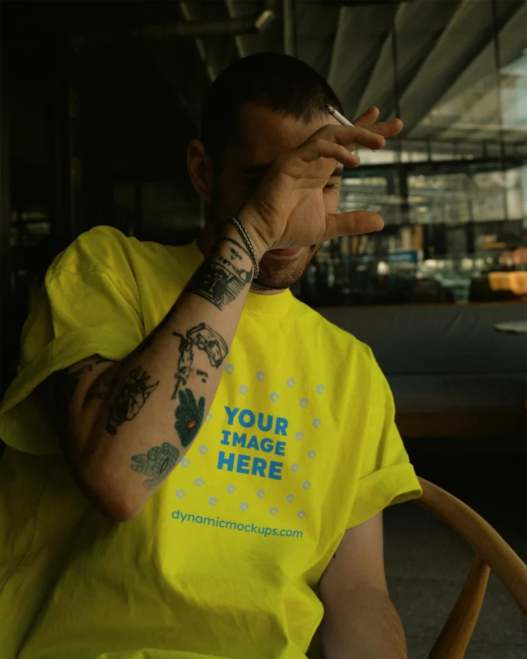 Man Wearing Yellow T-shirt Mockup Front View Template