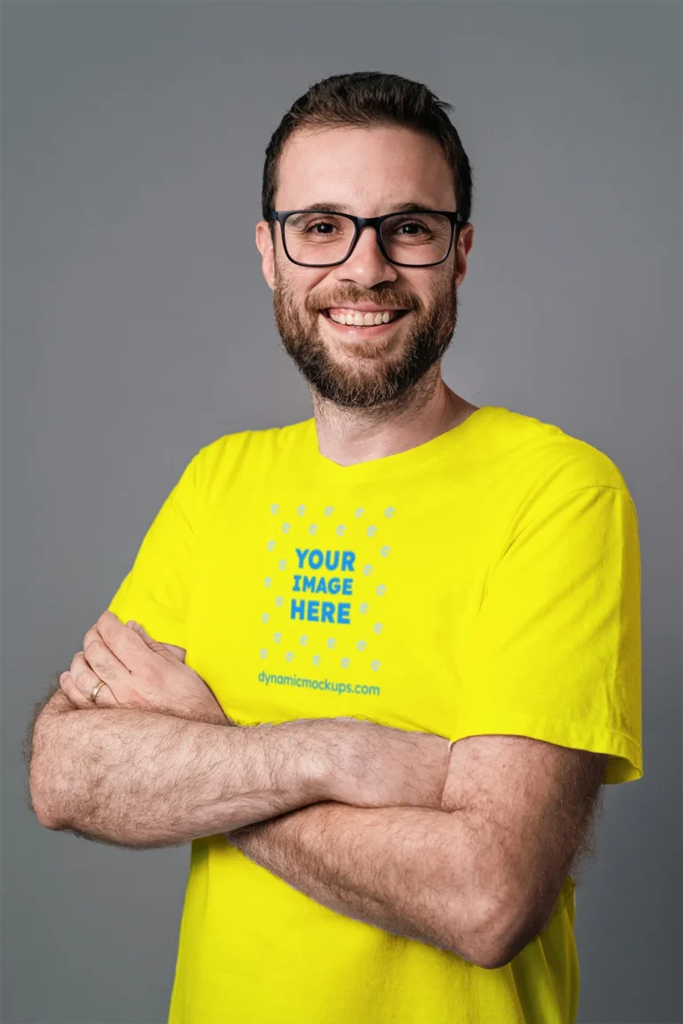 Man Wearing Yellow T-shirt Mockup Front View Template