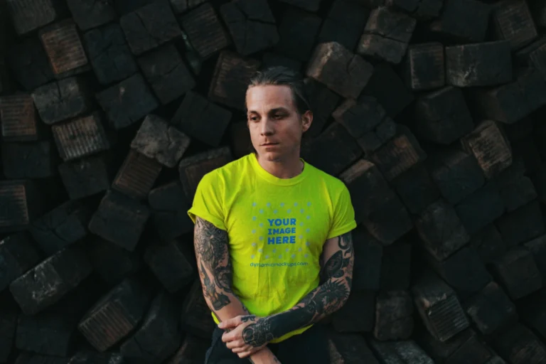 Man Wearing Yellow T-shirt Mockup Front View Template