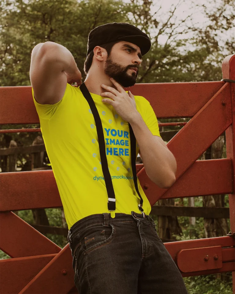 Man Wearing Yellow T-shirt Mockup Front View Template