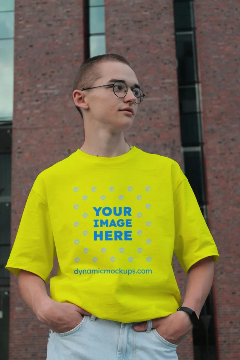 Man Wearing Yellow T-shirt Mockup Front View Template