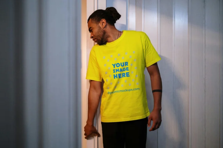 Man Wearing Yellow T-shirt Mockup Front View Template