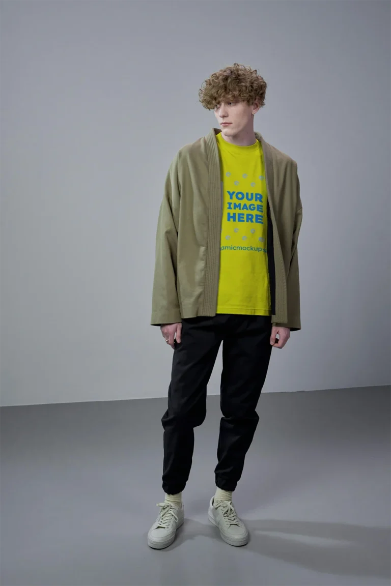 Man Wearing Yellow T-shirt Mockup Front View Template