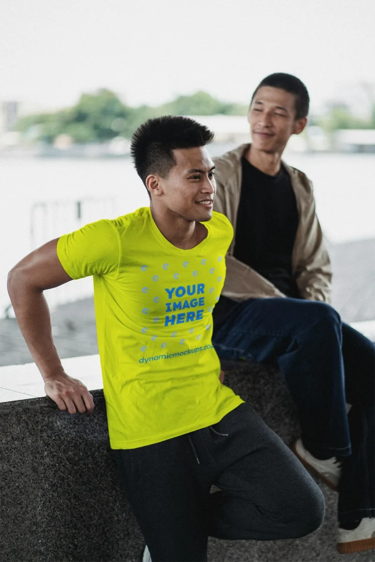 Man Wearing Yellow T-shirt Mockup Front View Template