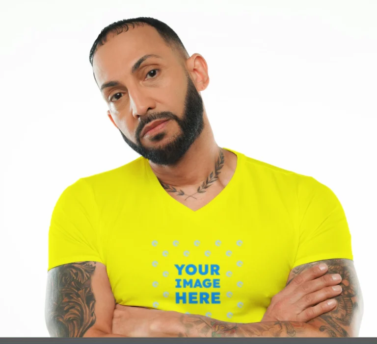 Man Wearing Yellow T-shirt Mockup Front View Template