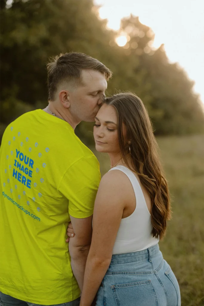 Man Wearing Yellow T-shirt Mockup Back View Template