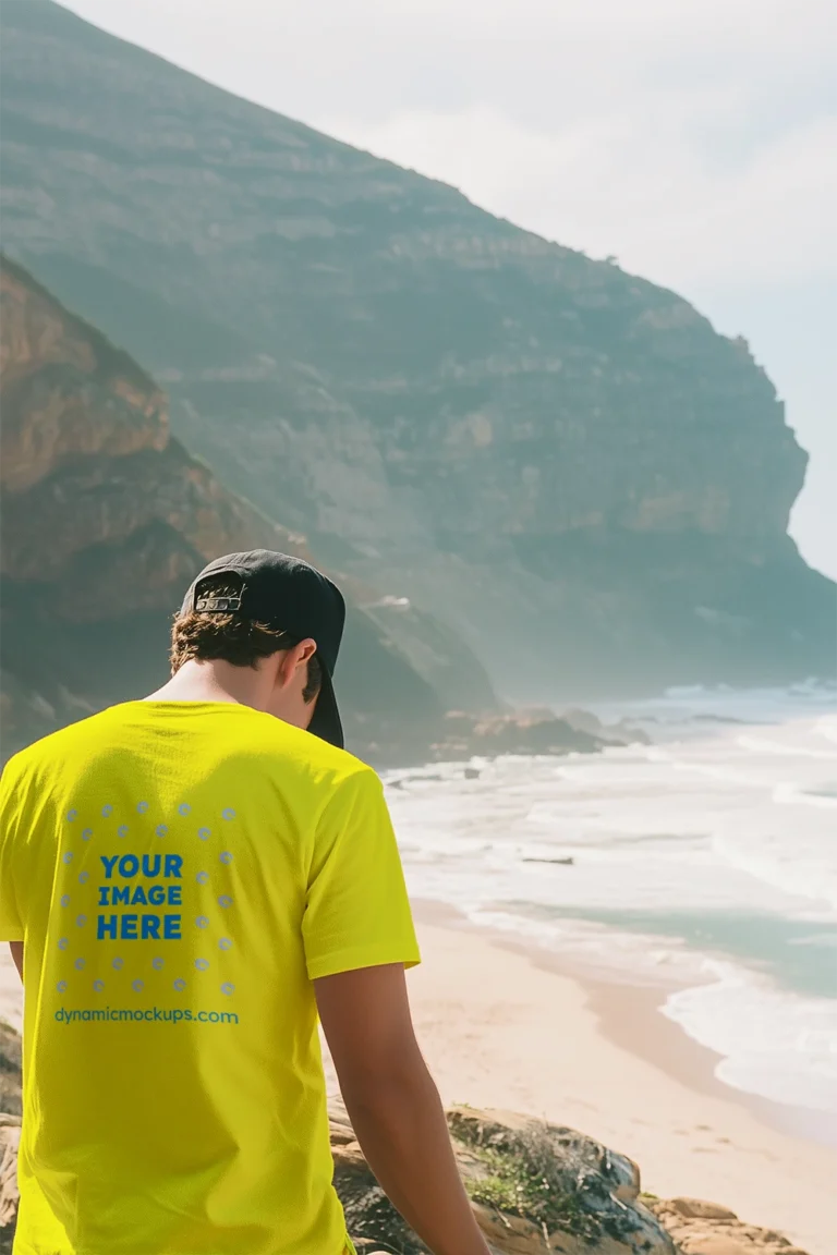 Man Wearing Yellow T-shirt Mockup Back View Template