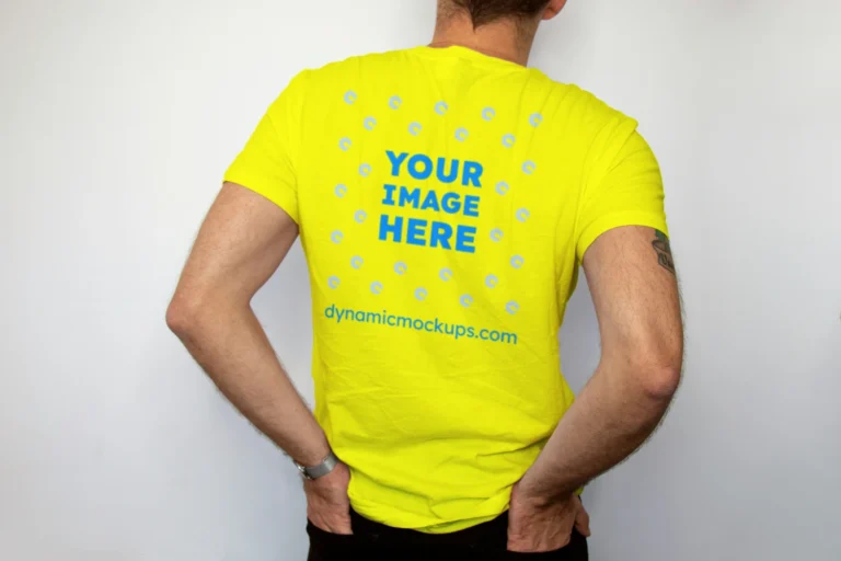Man Wearing Yellow T-shirt Mockup Back View Template