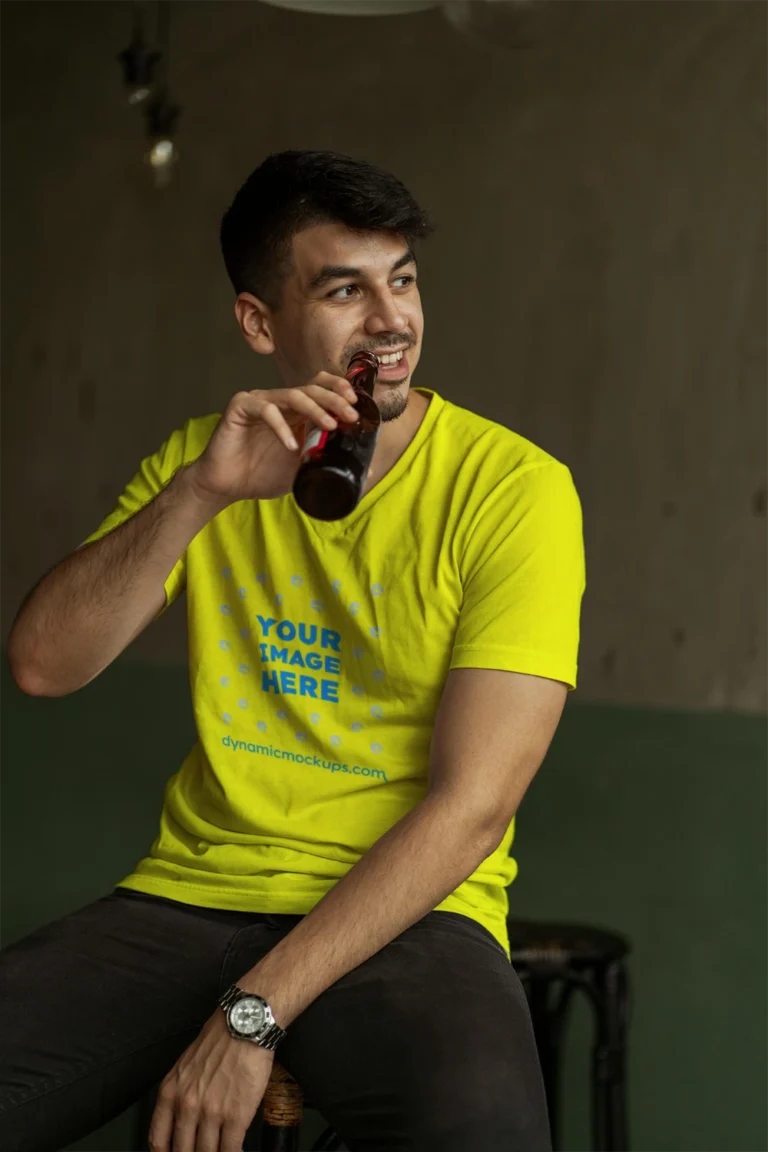 Man Wearing Yellow T-shirt Mockup Front View Template