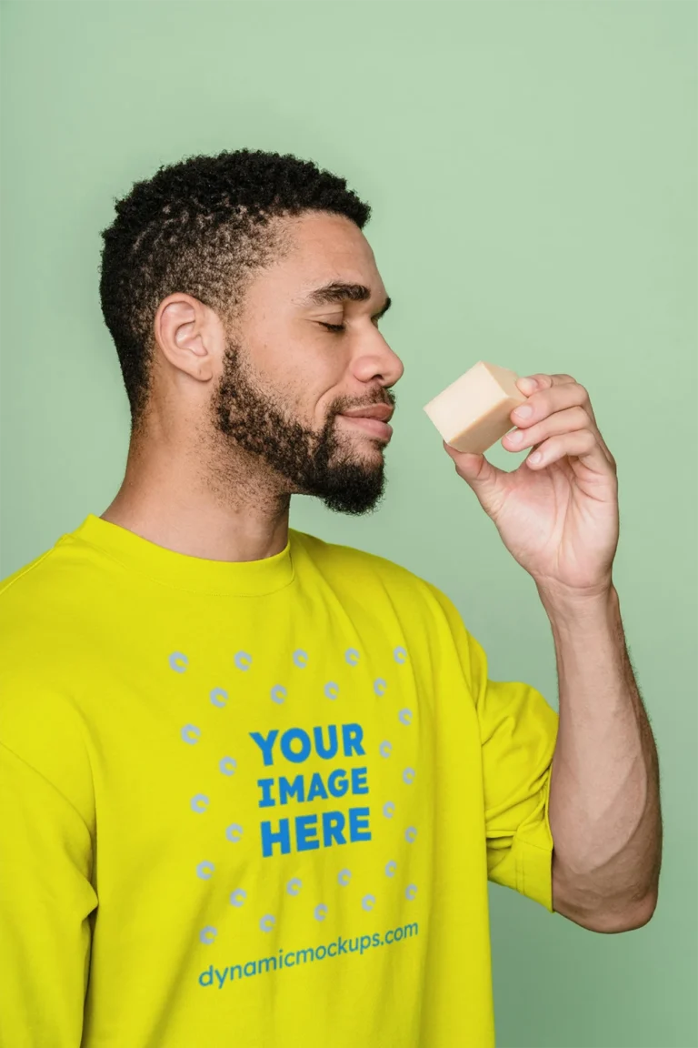 Man Wearing Yellow T-shirt Mockup Front View Template