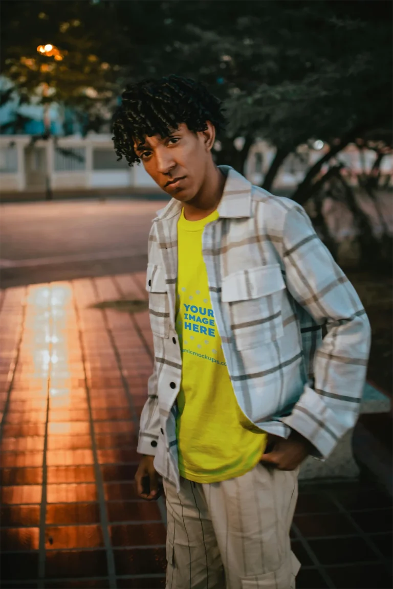Man Wearing Yellow T-shirt Mockup Front View Template