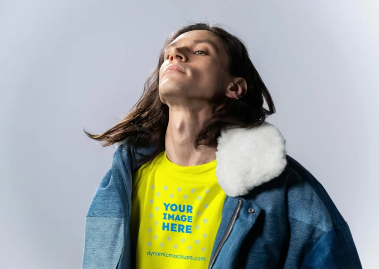 Man Wearing Yellow T-shirt Mockup Front View Template