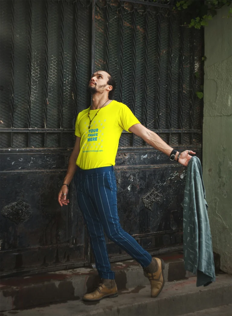 Man Wearing Yellow T-shirt Mockup Front View Template