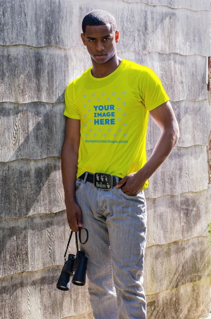 Man Wearing Yellow T-shirt Mockup Front View Template