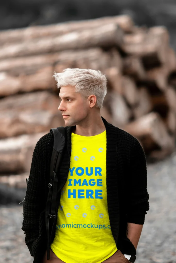 Man Wearing Yellow T-shirt Mockup Front View Template
