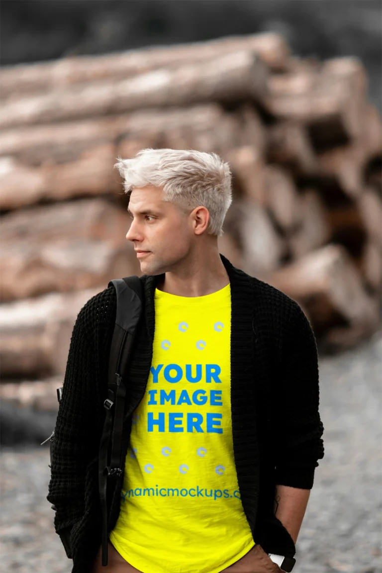Man Wearing Yellow T-shirt Mockup Front View Template