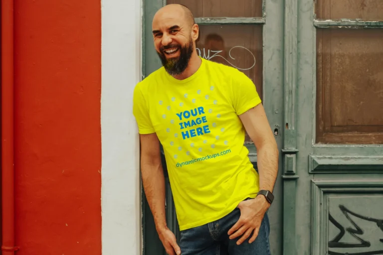 Man Wearing Yellow T-shirt Mockup Front View Template