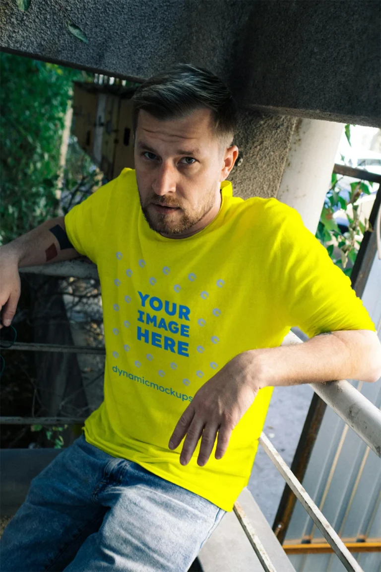 Man Wearing Yellow T-shirt Mockup Front View Template