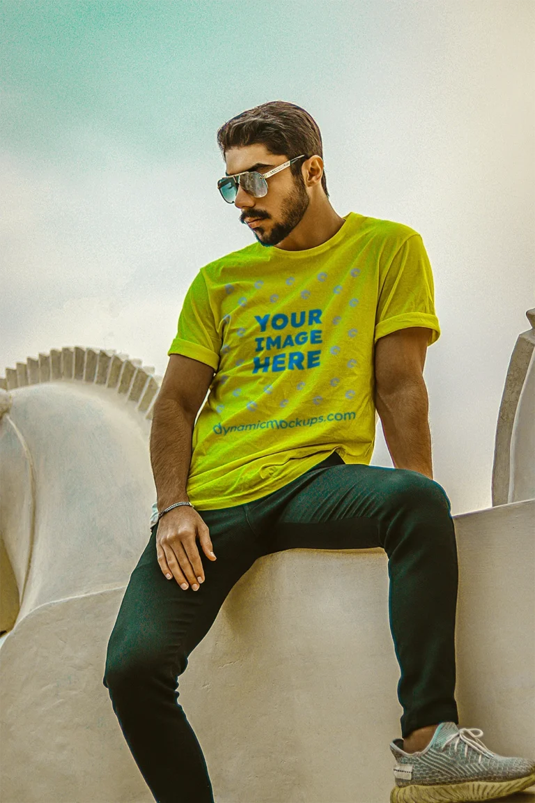 Man Wearing Yellow T-shirt Mockup Front View Template