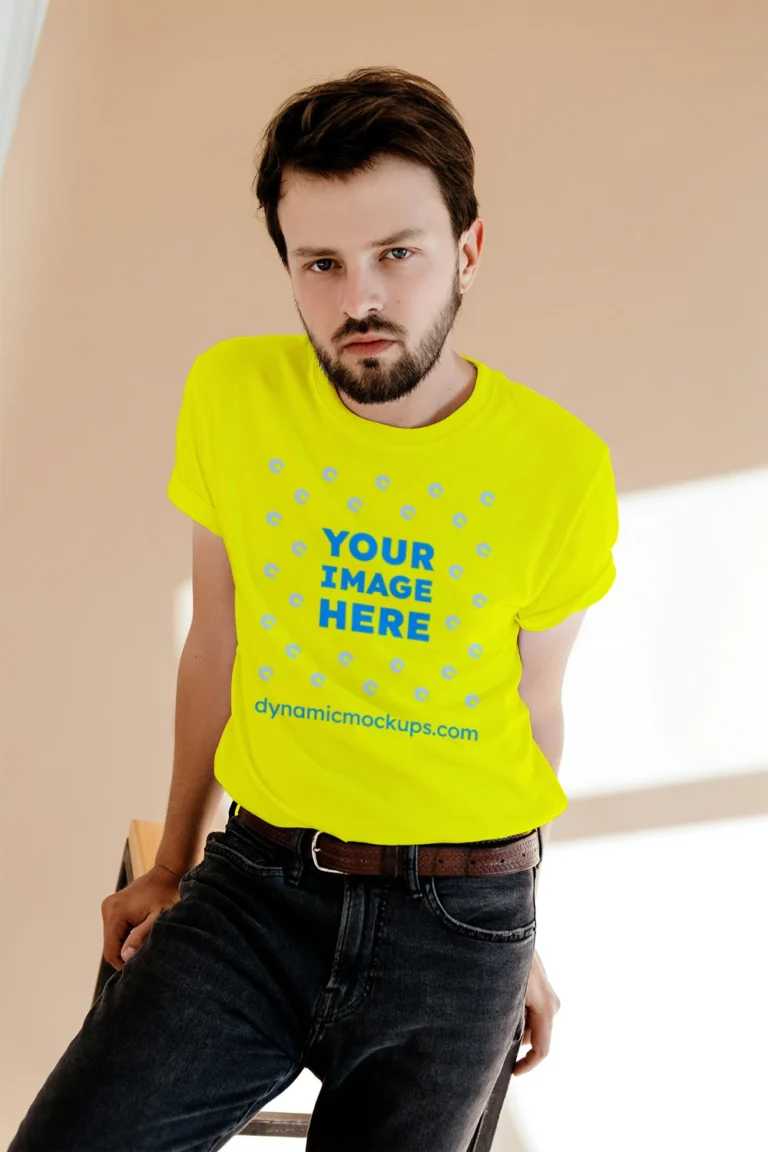 Man Wearing Yellow T-shirt Mockup Front View Template