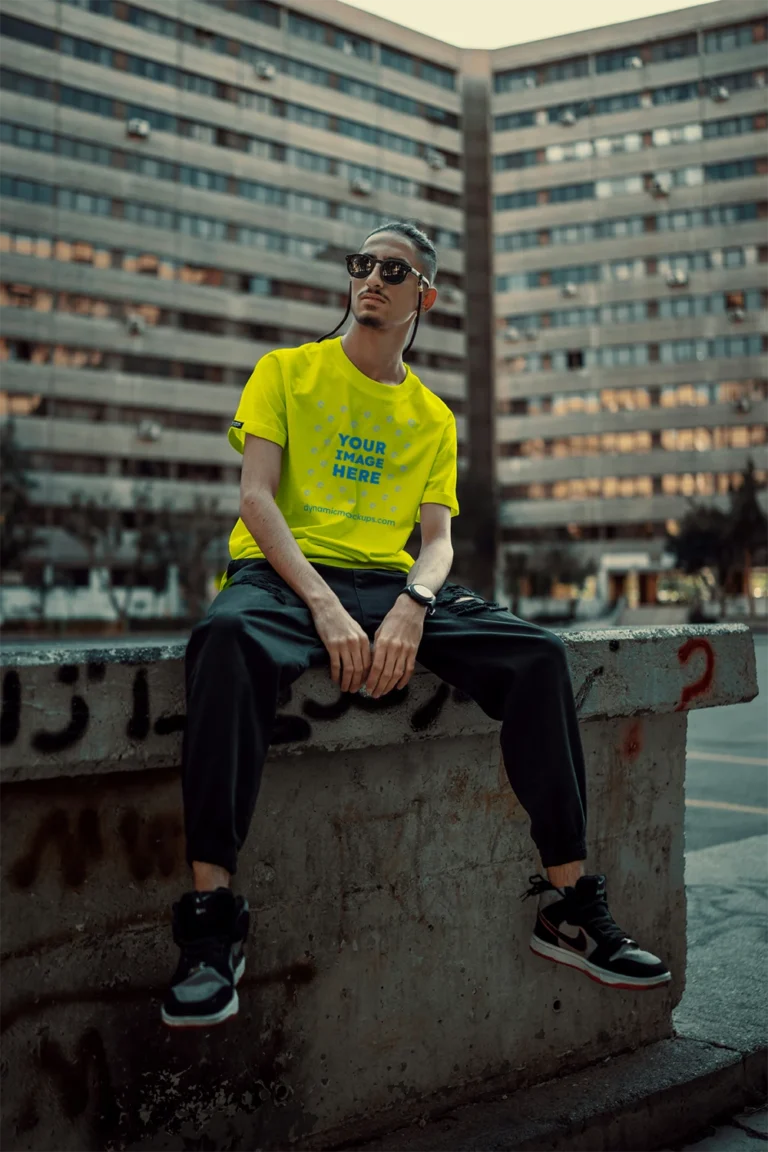 Man Wearing Yellow T-shirt Mockup Front View Template