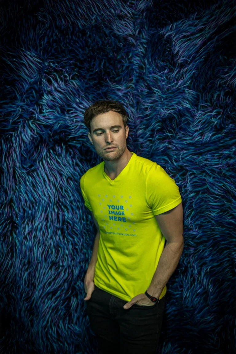 Man Wearing Yellow T-shirt Mockup Front View Template