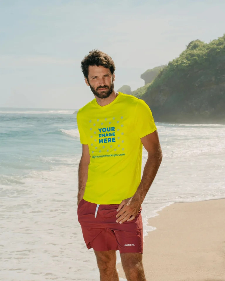 Man Wearing Yellow T-shirt Mockup Front View Template