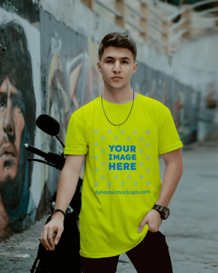 Man Wearing Yellow T-shirt Mockup Front View Template
