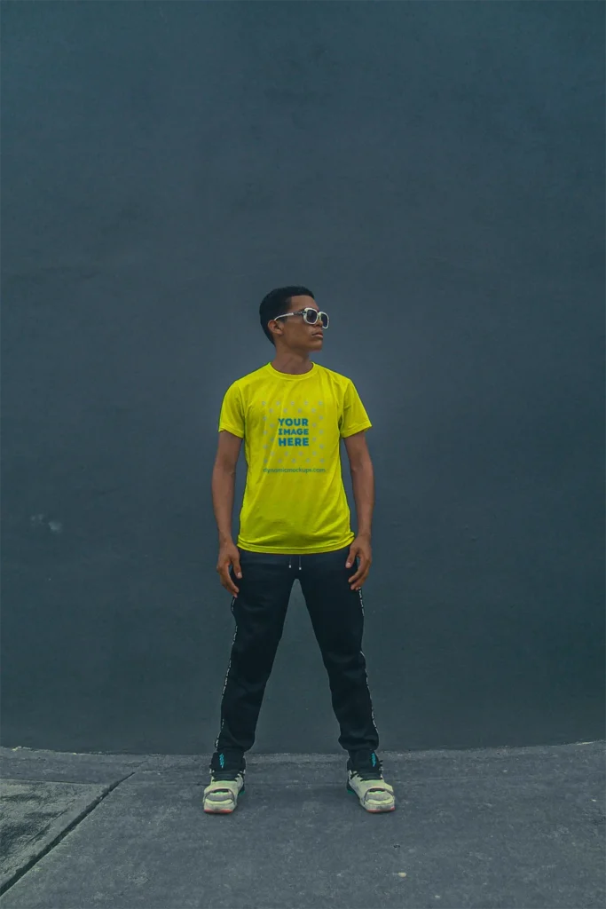 Man Wearing Yellow T-shirt Mockup Front View Template