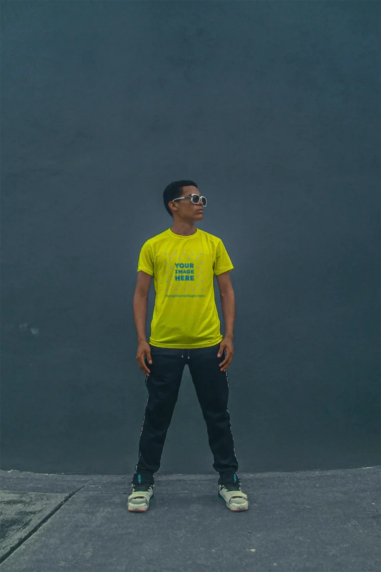 Man Wearing Yellow T-shirt Mockup Front View Template