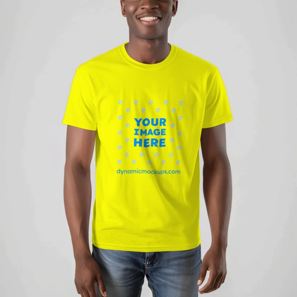 Man Wearing Yellow T-shirt Mockup Front View Template