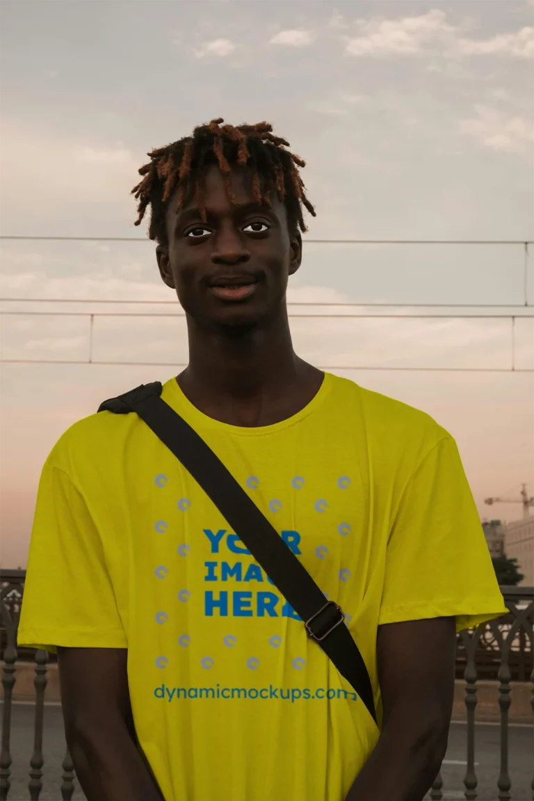 Man Wearing Yellow T-shirt Mockup Front View Template