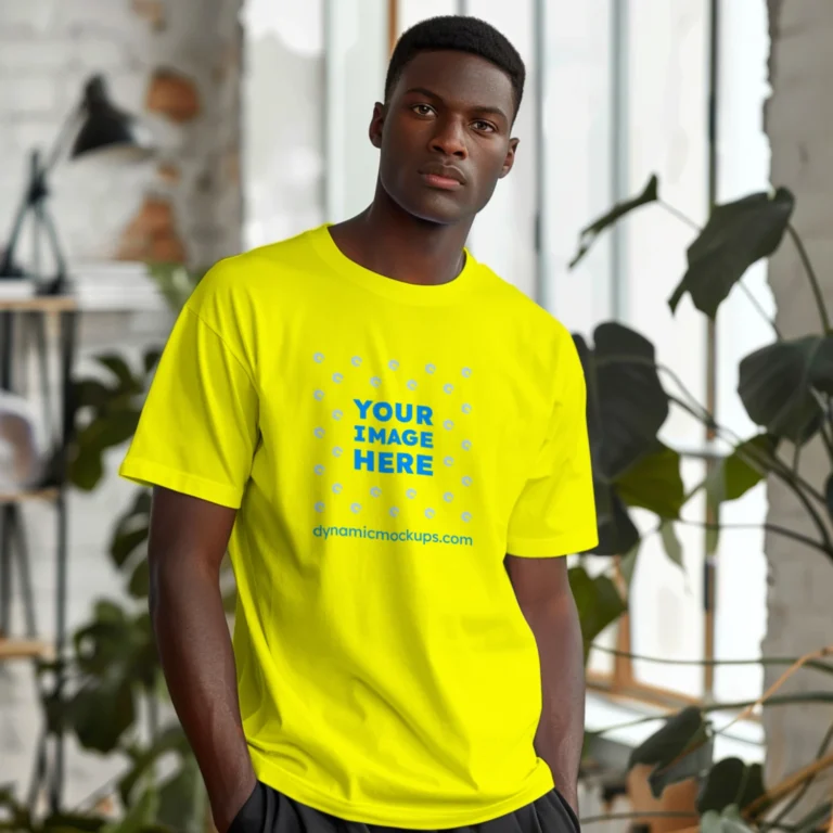 Man Wearing Yellow T-shirt Mockup Front View Template