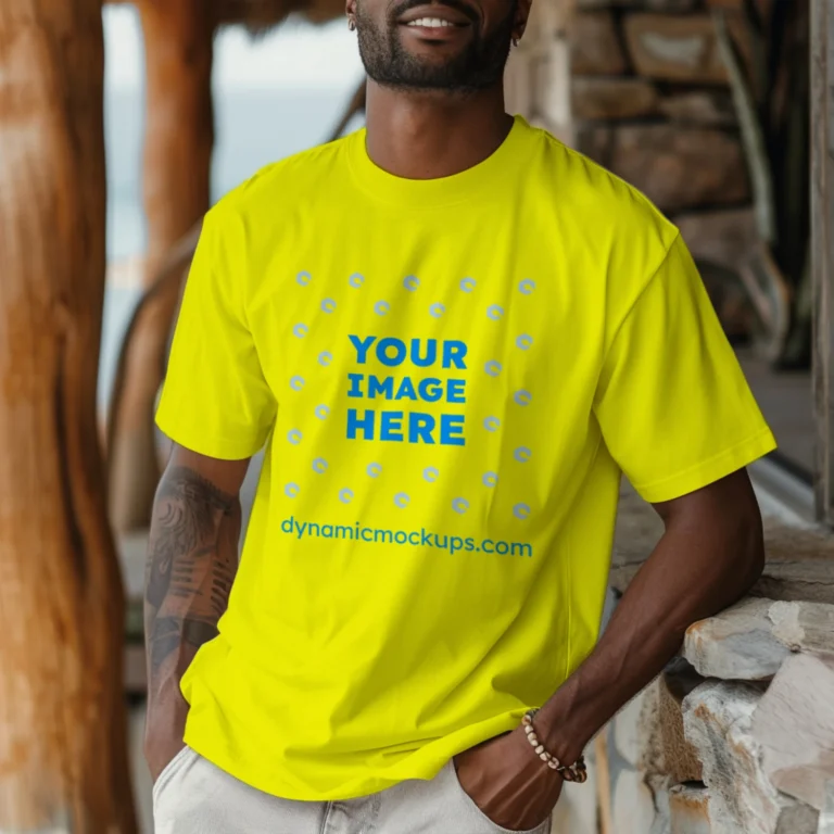 Man Wearing Yellow T-shirt Mockup Front View Template