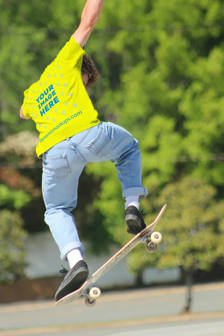 Man Wearing Yellow T-shirt Mockup Back View Template